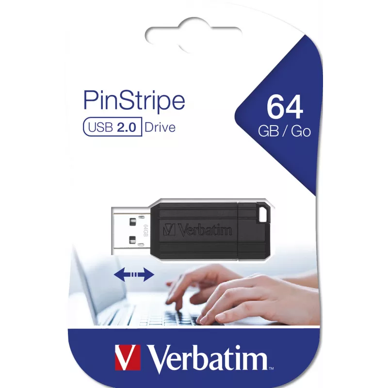 Verbatim PinStripe - USB Drive 64 GB - Black, 64 GB, USB Type-A, 2.0, 10 MB/s, Slide, Black