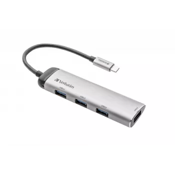 Verbatim USB-C Multiport Hub Four port USB 3.2 Gen 1, USB 3.2 Gen 1 (3.1 Gen 1) Type-C, USB 3.2 Gen 1 (3.1 Gen 1) Type-A, 5000 Mbit/s, Grey, Aluminium, Plastic, 0.15 m