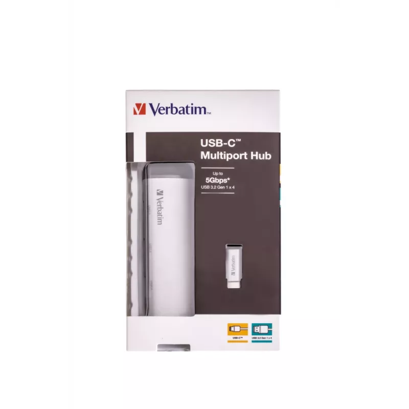 Verbatim USB-C Multiport Hub Four port USB 3.2 Gen 1, USB 3.2 Gen 1 (3.1 Gen 1) Type-C, USB 3.2 Gen 1 (3.1 Gen 1) Type-A, 5000 Mbit/s, Grey, Aluminium, Plastic, 0.15 m