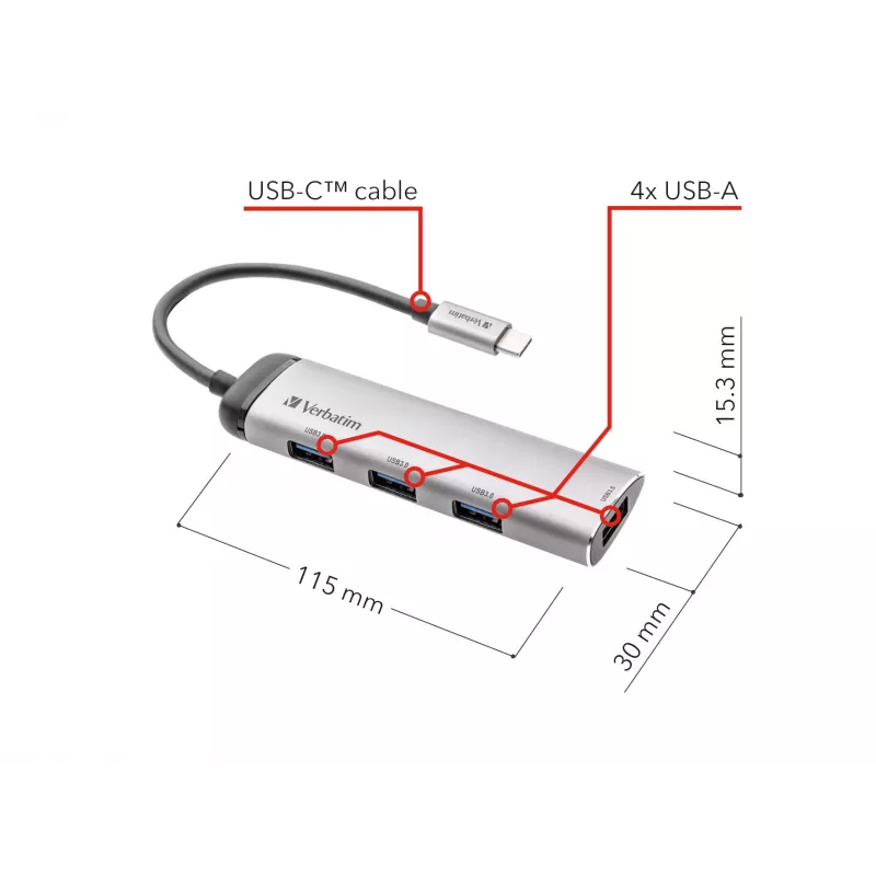 Verbatim USB-C Multiport Hub Four port USB 3.2 Gen 1, USB 3.2 Gen 1 (3.1 Gen 1) Type-C, USB 3.2 Gen 1 (3.1 Gen 1) Type-A, 5000 Mbit/s, Grey, Aluminium, Plastic, 0.15 m