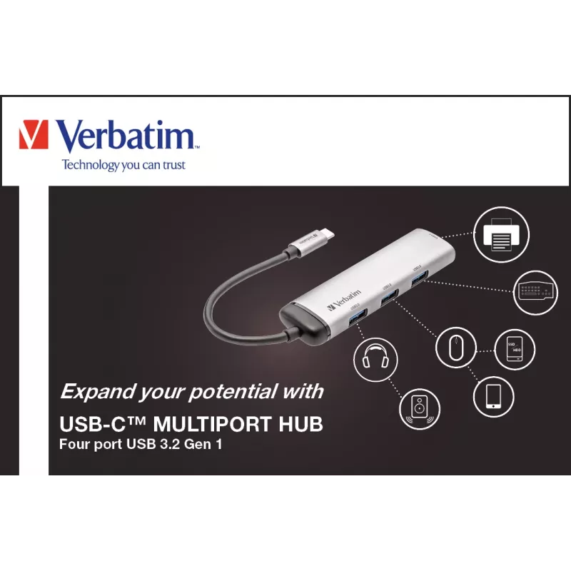 Verbatim USB-C Multiport Hub Four port USB 3.2 Gen 1, USB 3.2 Gen 1 (3.1 Gen 1) Type-C, USB 3.2 Gen 1 (3.1 Gen 1) Type-A, 5000 Mbit/s, Grey, Aluminium, Plastic, 0.15 m