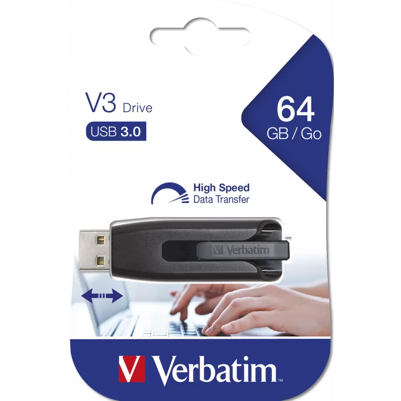 Verbatim V3 - USB 3.0 Drive 64 GB - Black, 64 GB, USB Type-A, 3.2 Gen 1 (3.1 Gen 1), Capless, Black, Grey