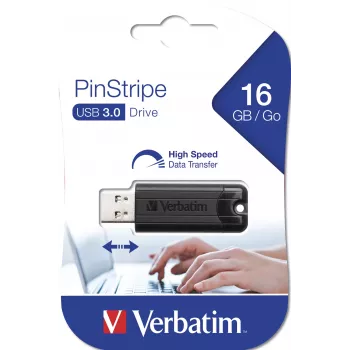 Verbatim PinStripe 3.0 - USB 3.0 Drive 16 GB  - Black, 16 GB, USB Type-A, 3.2 Gen 1 (3.1 Gen 1), Slide, 7 g, Black