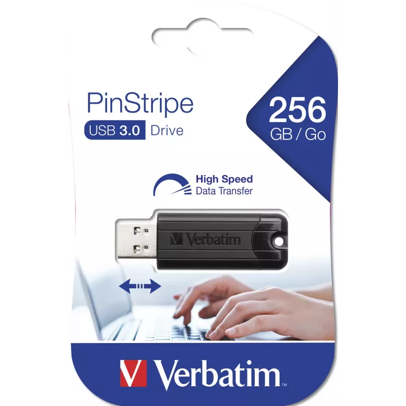 Verbatim PinStripe 3.0 - USB 3.0 Drive 256GB  - Black, 256 GB, USB Type-A, 3.2 Gen 1 (3.1 Gen 1), Slide, 7 g, Black