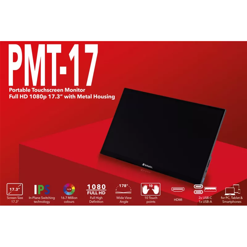 Verbatim 49593 computer monitor 43.9 cm (17.3 inch) 1920 x 1080 pixels Full HD LCD Touchscreen Black