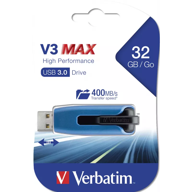 Verbatim V3 MAX - USB 3.0 Drive 32 GB - Blue, 32 GB, USB Type-A, 3.2 Gen 1 (3.1 Gen 1), 175 MB/s, Slide, Blue