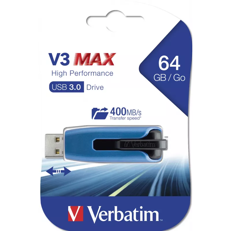 Verbatim V3 MAX - USB 3.0 Drive 64 GB - Blue, 64 GB, USB Type-A, 3.2 Gen 1 (3.1 Gen 1), Slide, 10 g, Blue