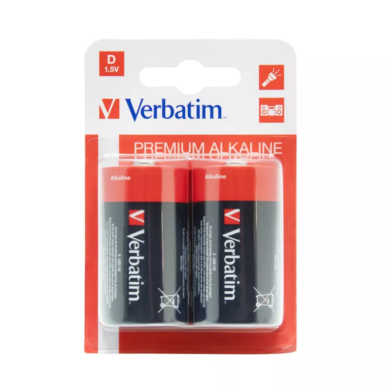 Verbatim D Alkaline Batteries, Single-use battery, Alkaline, 1.5 V, 2 pc(s), Multicolour, 34.2 mm