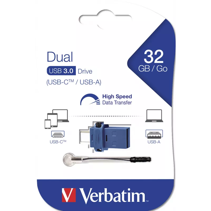 Verbatim Dual - USB 3.0 Drive 32 GB - USB-C / USB-A - Blue, 32 GB, USB Type-A / USB Type-C, 3.2 Gen 1 (3.1 Gen 1), Capless, 3.6 g, Black, Blue, Silver