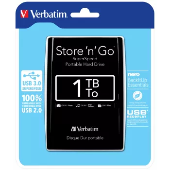 Verbatim Store 'n' Go USB 3.0 Portable Hard Drive 1TB Black, 1 TB, 2.5 inch, 5400 RPM, Black