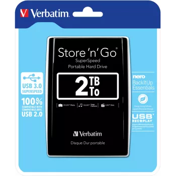 Verbatim Store 'n' Go USB 3.0 Portable Hard Drive 2TB Black, 2 TB, 3.2 Gen 1 (3.1 Gen 1), 5400 RPM, Black