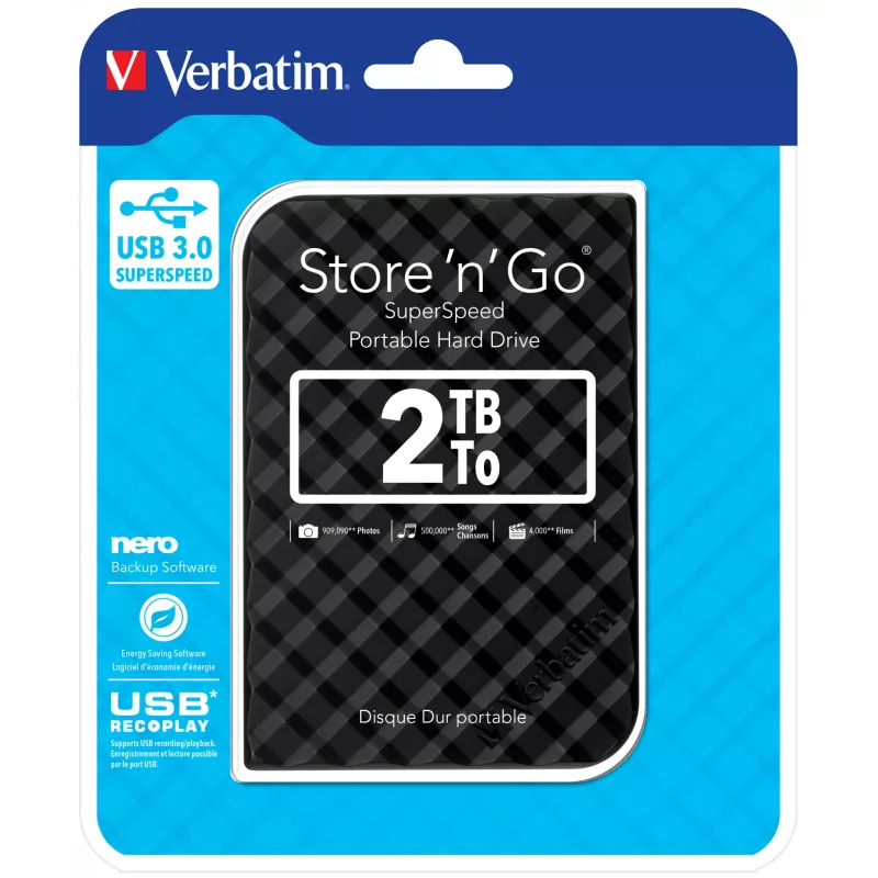 Verbatim Store 'n' Go USB 3.0 Hard Drive 2TB Black, 2 TB, 3.2 Gen 1 (3.1 Gen 1), 5400 RPM, Black