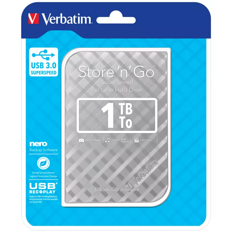 Verbatim Store 'n' Go USB 3.0 Hard Drive 1TB Silver, 1 TB, 3.2 Gen 1 (3.1 Gen 1), 5400 RPM, Silver