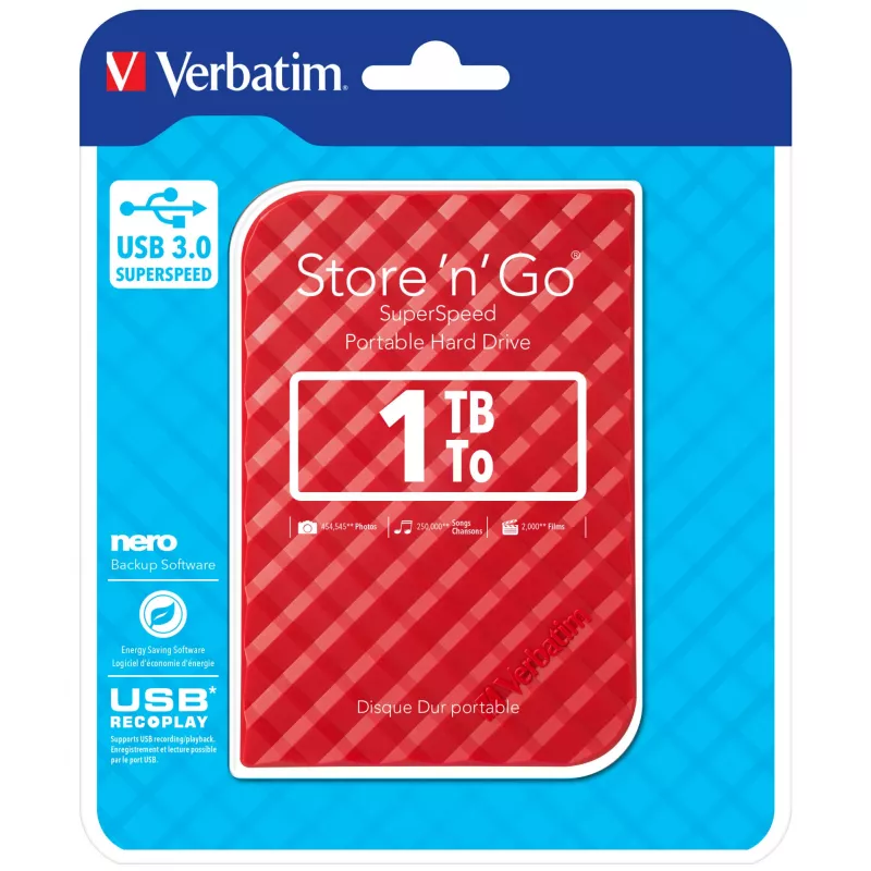 Verbatim Store 'n' Go USB 3.0 Hard Drive 1TB Red, 1 TB, 3.2 Gen 1 (3.1 Gen 1), 5400 RPM, Red