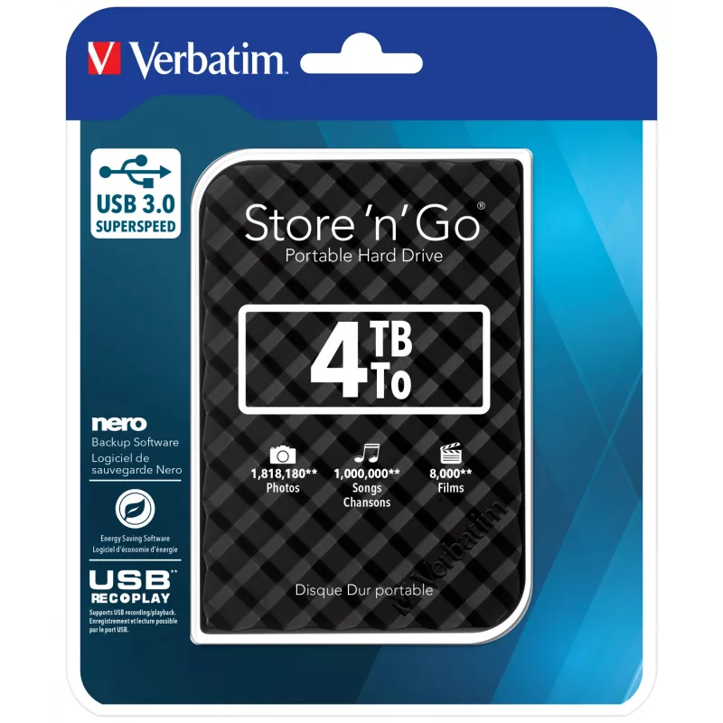 Verbatim Store 'n' Go USB 3.0 Hard Drive 4TB Black, 4 TB, 3.2 Gen 1 (3.1 Gen 1), 5400 RPM, Black