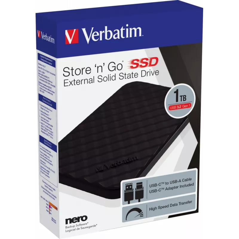 Verbatim Store 'n' Go Portable SSD USB 3.2 GEN 1 1TB, 1 TB, USB Type-C, 3.2 Gen 1 (3.1 Gen 1), Black