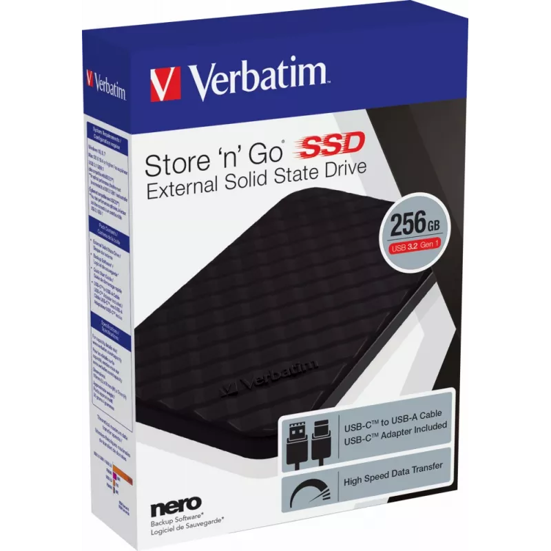 Verbatim Store 'n' Go Portable SSD USB 3.2 GEN 1 256GB, 256 GB, USB Type-C, 3.2 Gen 1 (3.1 Gen 1), Black