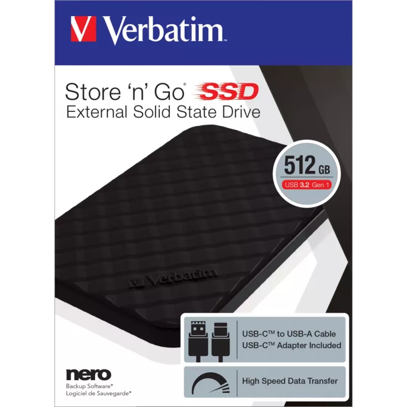 Verbatim Store 'n' Go Portable SSD USB 3.2 GEN 1 512GB, 512 GB, USB Type-C, 3.2 Gen 1 (3.1 Gen 1), Black