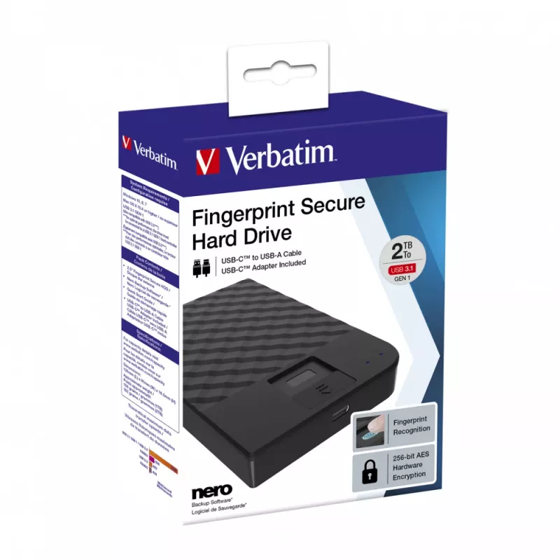 Verbatim Fingerprint Secure Portable Hard Drive 2TB, 2 TB, 3.2 Gen 1 (3.1 Gen 1), Black