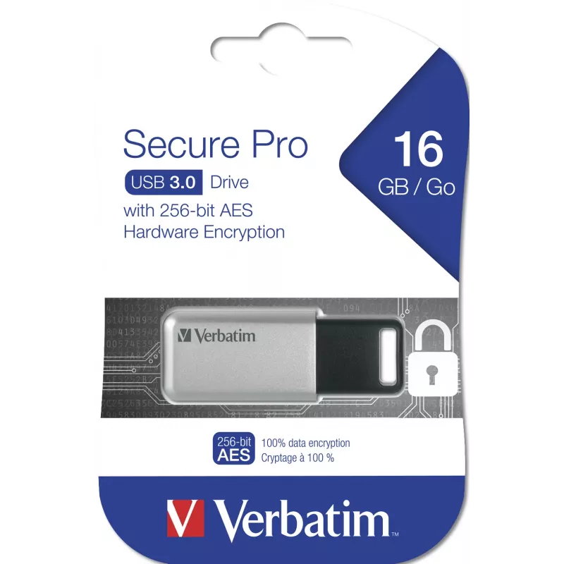 Verbatim Secure Pro - USB 3.0 Drive 16 GB - Silver, 16 GB, USB Type-A, 3.2 Gen 1 (3.1 Gen 1), Capless, Silver