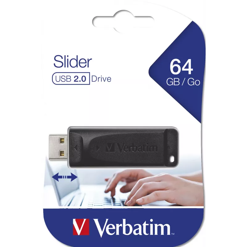 Verbatim Slider - USB Drive 64 GB - Black, 64 GB, USB Type-A, 2.0, 10 MB/s, Slide, Black