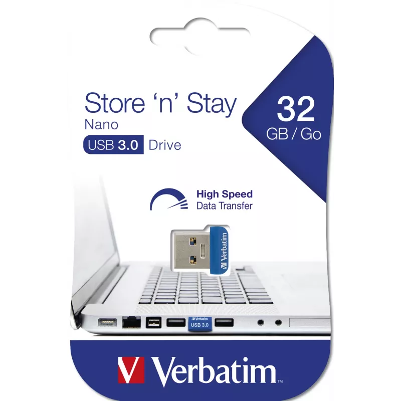 Verbatim Store 'n' Stay NANO - USB 3.0 Drive 32 GB - Blue, 32 GB, USB Type-A, 3.2 Gen 1 (3.1 Gen 1), Cap, 3 g, Blue