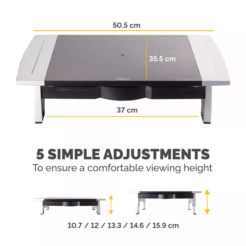 Fellowes Computer Monitor Stand with 5 Height Adjustments - Office Suites Monitor Riser with Storage Tray - Ergonomic Adjustable Monitor Stand for Computers - Max Weight 36KG/Max Size 28 inch - Graphite