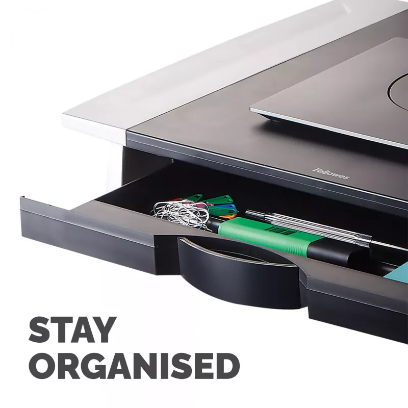 Fellowes Computer Monitor Stand with 5 Height Adjustments - Office Suites Monitor Riser with Storage Tray - Ergonomic Adjustable Monitor Stand for Computers - Max Weight 36KG/Max Size 28 inch - Graphite