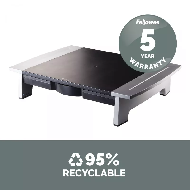 Fellowes Computer Monitor Stand with 5 Height Adjustments - Office Suites Monitor Riser with Storage Tray - Ergonomic Adjustable Monitor Stand for Computers - Max Weight 36KG/Max Size 28 inch - Graphite