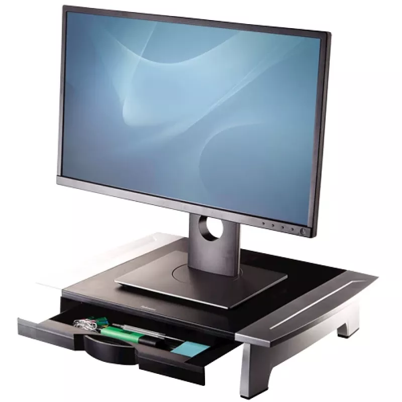 Fellowes Computer Monitor Stand with 5 Height Adjustments - Office Suites Monitor Riser with Storage Tray - Ergonomic Adjustable Monitor Stand for Computers - Max Weight 36KG/Max Size 28 inch - Graphite