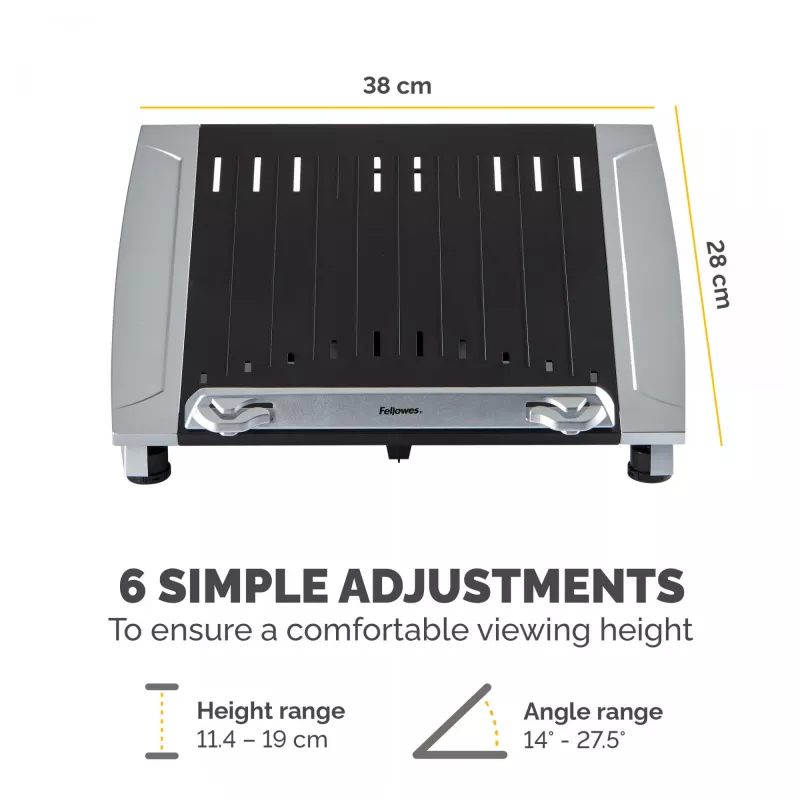 Fellowes Laptop Stand for Desk - Office Suites Plus Adjustable Laptop Stand for the Home and Office - Laptop Riser with 5 Height Adjustments - Max Monitor Size 17 inch, Max Weight 5KG - Black/Silver