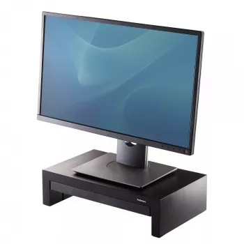 Fellowes Computer Monitor Stand with 3 Height Adjustments - Designer Suites Monitor Riser with Storage Tray - Ergonomic Adjustable Monitor Stand for Computers - Max Weight 18KG/Max Size 21 inch - Black/Pearl