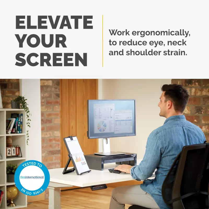 Fellowes Computer Monitor Stand with 3 Height Adjustments - Designer Suites Monitor Riser with Storage Tray - Ergonomic Adjustable Monitor Stand for Computers - Max Weight 18KG/Max Size 21 inch - Black/Pearl