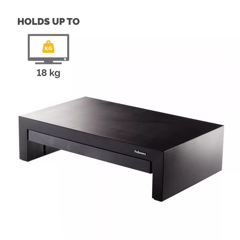 Fellowes Computer Monitor Stand with 3 Height Adjustments - Designer Suites Monitor Riser with Storage Tray - Ergonomic Adjustable Monitor Stand for Computers - Max Weight 18KG/Max Size 21 inch - Black/Pearl