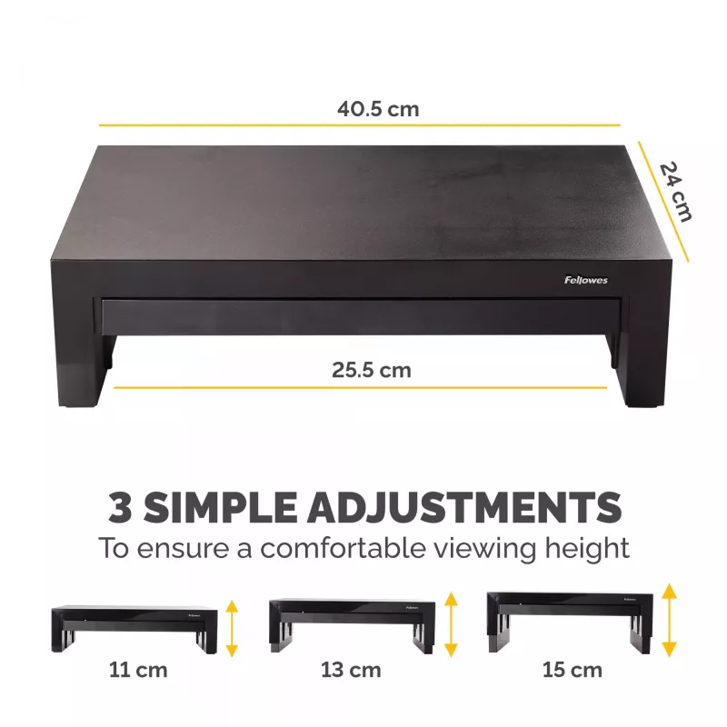 Fellowes Computer Monitor Stand with 3 Height Adjustments - Designer Suites Monitor Riser with Storage Tray - Ergonomic Adjustable Monitor Stand for Computers - Max Weight 18KG/Max Size 21 inch - Black/Pearl