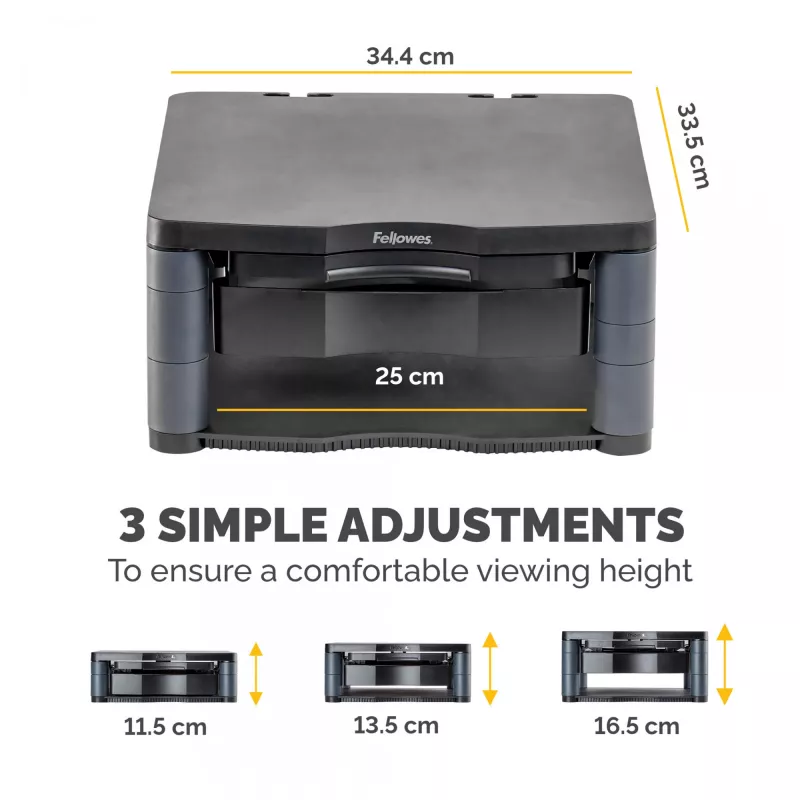 Fellowes Computer Monitor Stand with 3 Height Adjustments - Premium Monitor Riser Plus with Cable Management - Ergonomic Adjustable Monitor Stand for Computers - Max Weight 36KG/Max Size 21 inch - Graphite