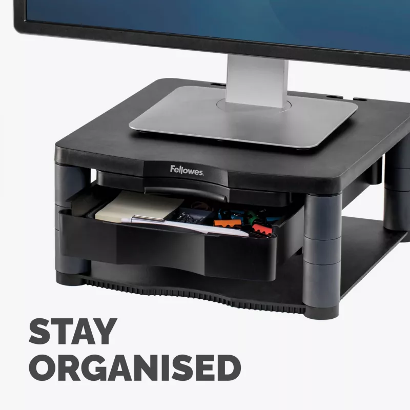 Fellowes Computer Monitor Stand with 3 Height Adjustments - Premium Monitor Riser Plus with Cable Management - Ergonomic Adjustable Monitor Stand for Computers - Max Weight 36KG/Max Size 21 inch - Graphite