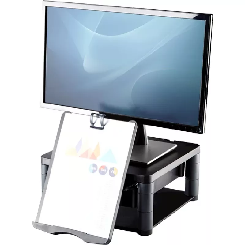 Fellowes Computer Monitor Stand with 3 Height Adjustments - Premium Monitor Riser Plus with Cable Management - Ergonomic Adjustable Monitor Stand for Computers - Max Weight 36KG/Max Size 21 inch - Graphite