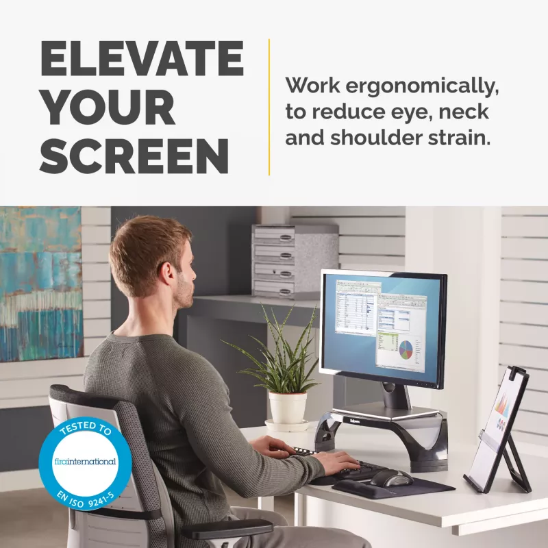 Fellowes Computer Monitor Stand with 3 Height Adjustments - Smart Suites Monitor Riser - Ergonomic Adjustable Monitor Stand for Computers - Max Weight 10KG/Max Size 21 inch - Black