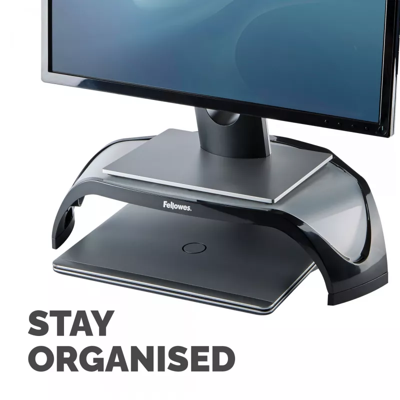 Fellowes Computer Monitor Stand with 3 Height Adjustments - Smart Suites Monitor Riser - Ergonomic Adjustable Monitor Stand for Computers - Max Weight 10KG/Max Size 21 inch - Black