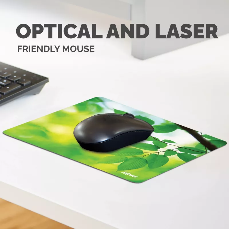 Fellowes Earth Series Mousepad Leaves, Green, Image, Plastic, Rubber, Non-slip base