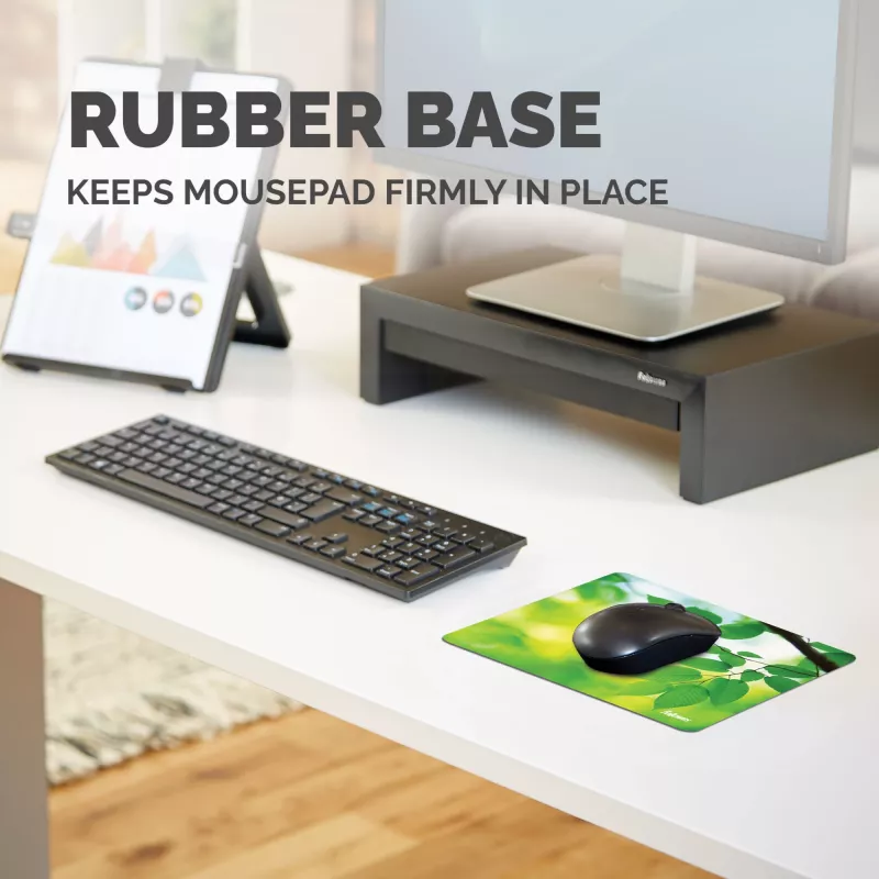 Fellowes Earth Series Mousepad Leaves, Green, Image, Plastic, Rubber, Non-slip base