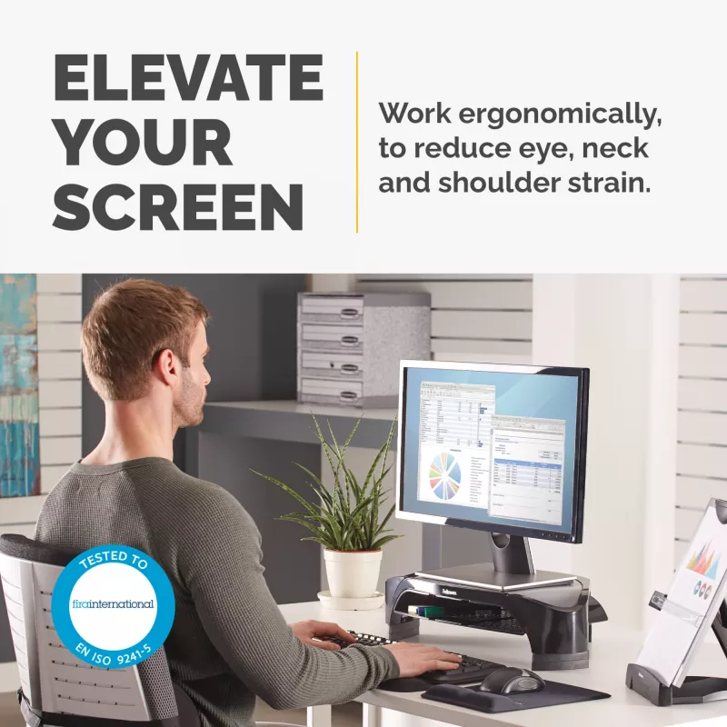 Fellowes Computer Monitor Stand with 3 Height Adjustments - Smart Suites Monitor Riser Plus with Storage Area - Ergonomic Adjustable Monitor Stand for Computers - Max Weight 10KG/Max Size 21 inch - Black