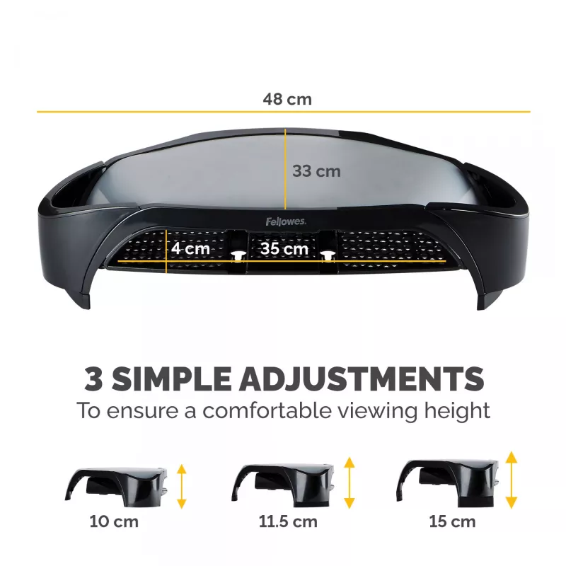 Fellowes Computer Monitor Stand with 3 Height Adjustments - Smart Suites Monitor Riser Plus with Storage Area - Ergonomic Adjustable Monitor Stand for Computers - Max Weight 10KG/Max Size 21 inch - Black