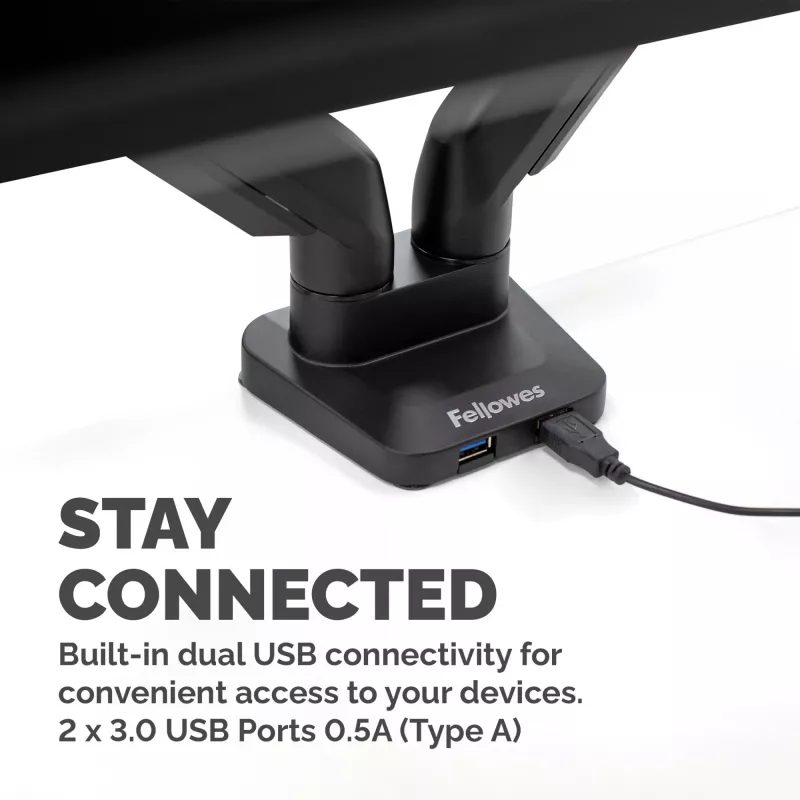 Fellowes Platinum Series Dual Monitor Arm - Monitor Mount for Two 8KG 40 inch Screens - Adjustable Dual Monitor Desk Mount - Tilt 45° Pan 180° Swivel 360° Rotation 360°, VESA 75 x 75/100 x 100 - Black