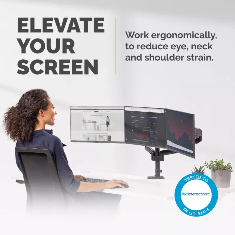 Fellowes Platinum Series Triple Monitor Arm - Monitor Mount for Three 7KG 27 inch Screens - Adjustable Triple Monitor Desk Mount - Tilt 45° Pan 180° Swivel 360° Rotation 360°, VESA 75 x 75/100 x 100 - Black