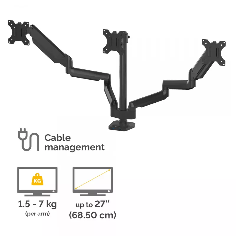 Fellowes Platinum Series Triple Monitor Arm - Monitor Mount for Three 7KG 27 inch Screens - Adjustable Triple Monitor Desk Mount - Tilt 45° Pan 180° Swivel 360° Rotation 360°, VESA 75 x 75/100 x 100 - Black