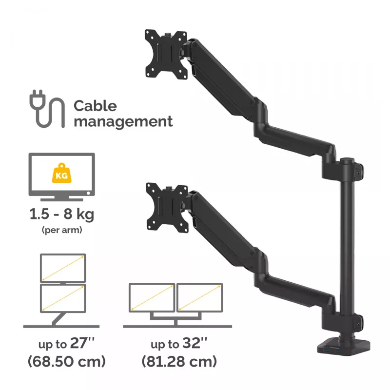 Fellowes Platinum Series Dual Stacking Monitor Arm - Monitor Mount for Two 8KG 27 inch Screens - Adjustable Dual Monitor Desk Mount - Tilt 45° Pan 180° Swivel 360° Rotation 360°, VESA 75 x 75/100 x 100 - Black
