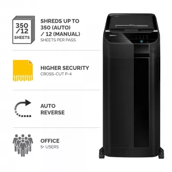 Fellowes Paper Shredder 350 Sheet Auto Feed Cross Cut Shredder AutoMax 350C Shredder with 68 Litre Bin High Security P4