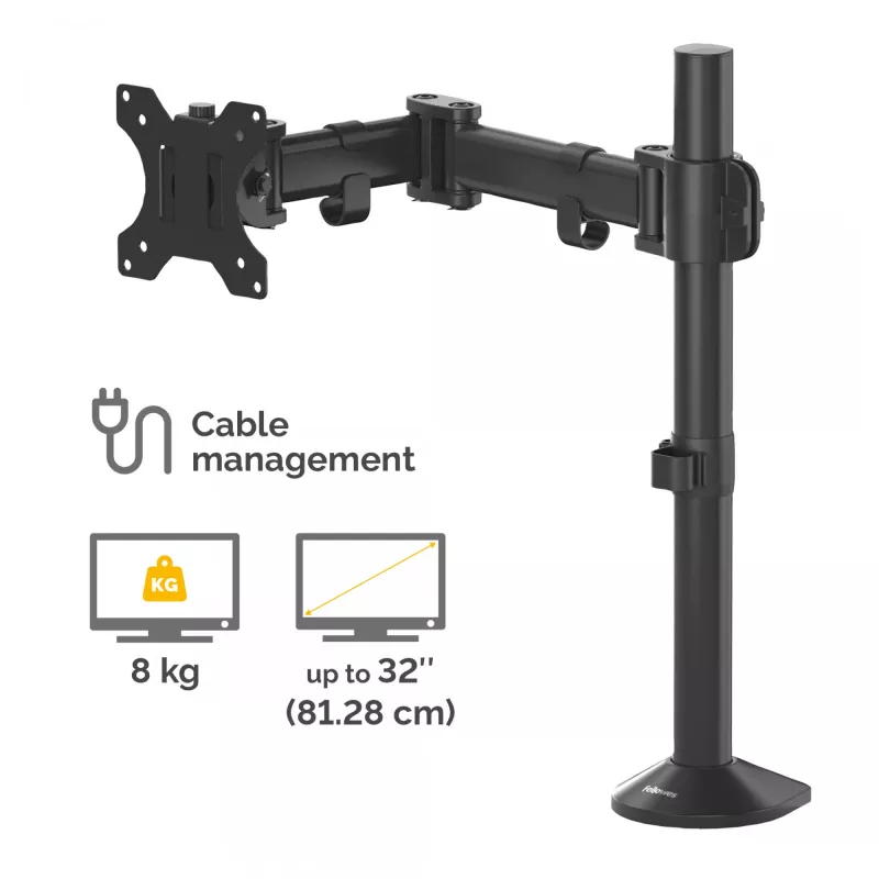 Fellowes Reflex Monitor Arm - Monitor Mount for 8KG 32 inch Screens - Adjustable Monitor Desk Mount - Tilt 45° Pan 180° Rotation 360°, VESA 75 x 75/100 x 100 - Black